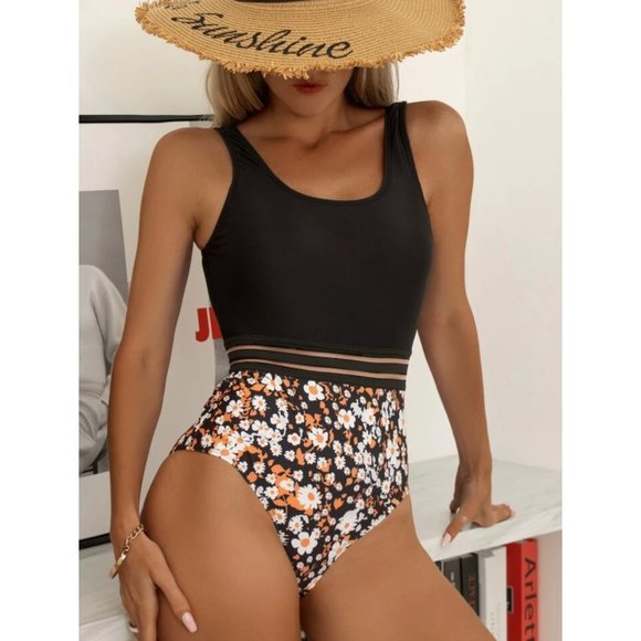 NEW Floral Print Mesh Inset One Piece Swimsuit S - Picture 1 of 5